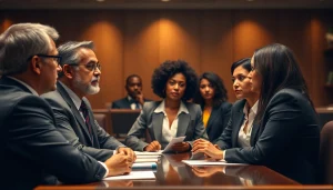 NEC lawsuit attorneys strategizing in a courtroom with focused expressions and a serious ambiance.