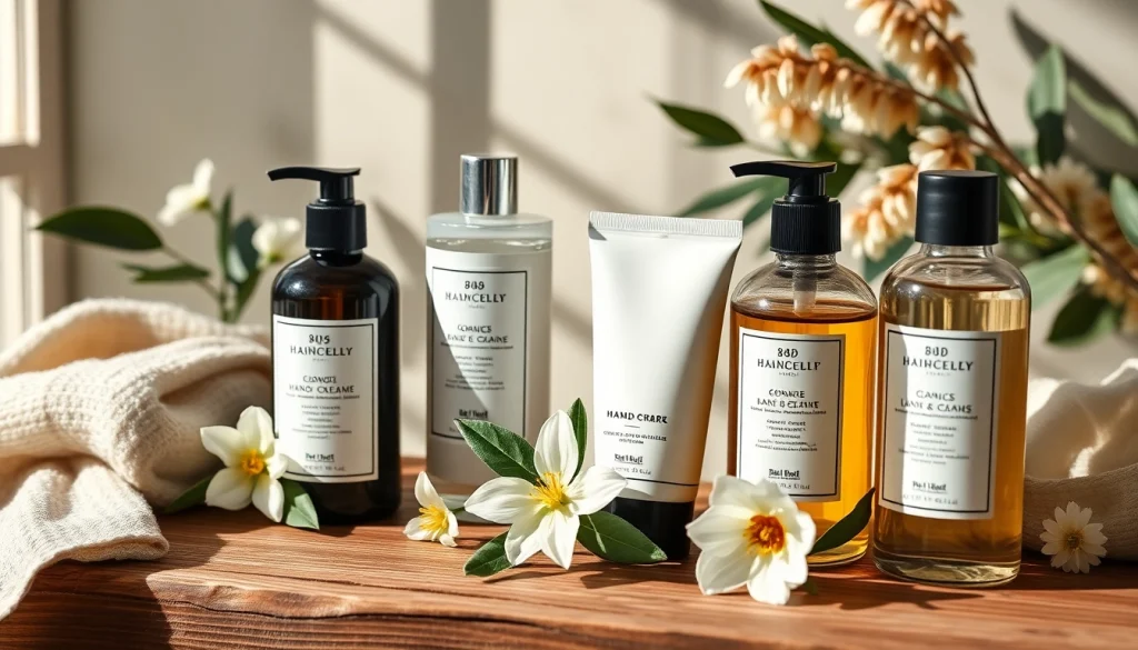 Hand care company products displayed elegantly on a wooden surface, showcasing luxurious creams and oils.