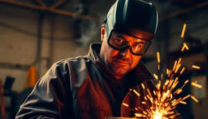 Welding jacket protecting a welder from sparks during the welding process in a dynamic workshop environment.