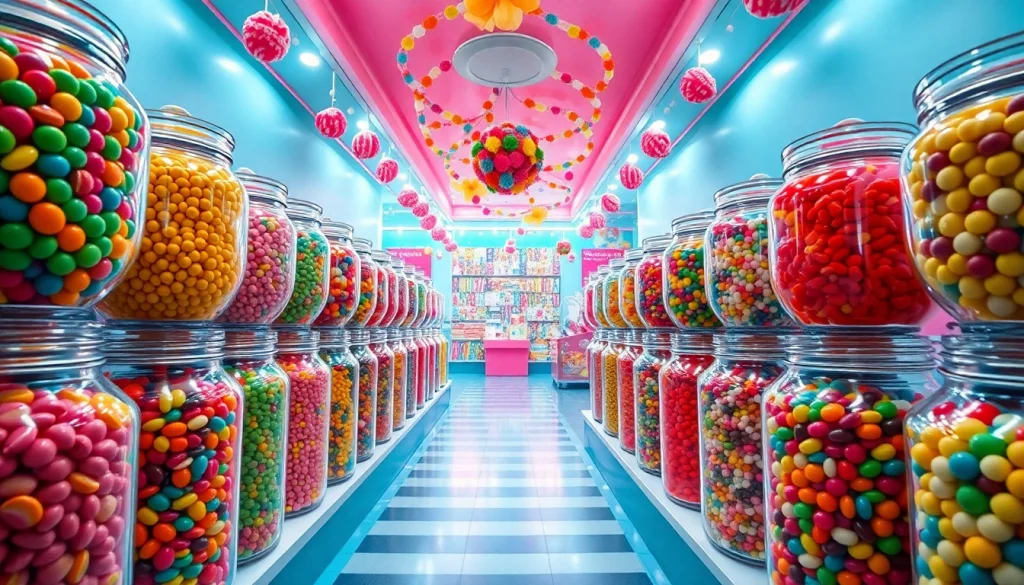 Visit a delightful candy store near me showcasing an array of vibrant candies in jars.