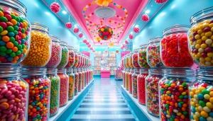 Visit a delightful candy store near me showcasing an array of vibrant candies in jars.