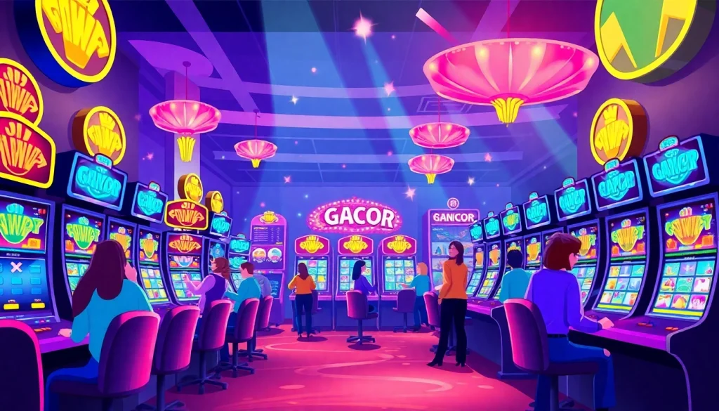 Playing engaging slot gacor games with vibrant lights and colorful machines for an exciting casino experience.