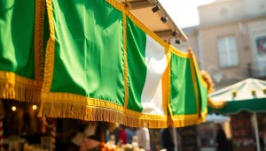 Showcasing a beautiful banner Ireland at a lively outdoor market, featuring the iconic Irish flag.