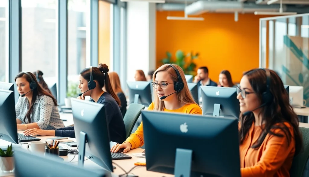 Call center agents actively assisting clients in a Tijuana call center environment, showcasing teamwork and professionalism.