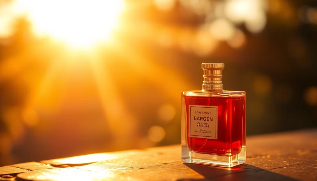 Admire the Soleil Dor perfume bottle radiating elegance against a golden sun backdrop, inviting indulgence.