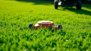 Lawn mowing service creating clean lines in freshly cut grass, showcasing vibrant green lawn.