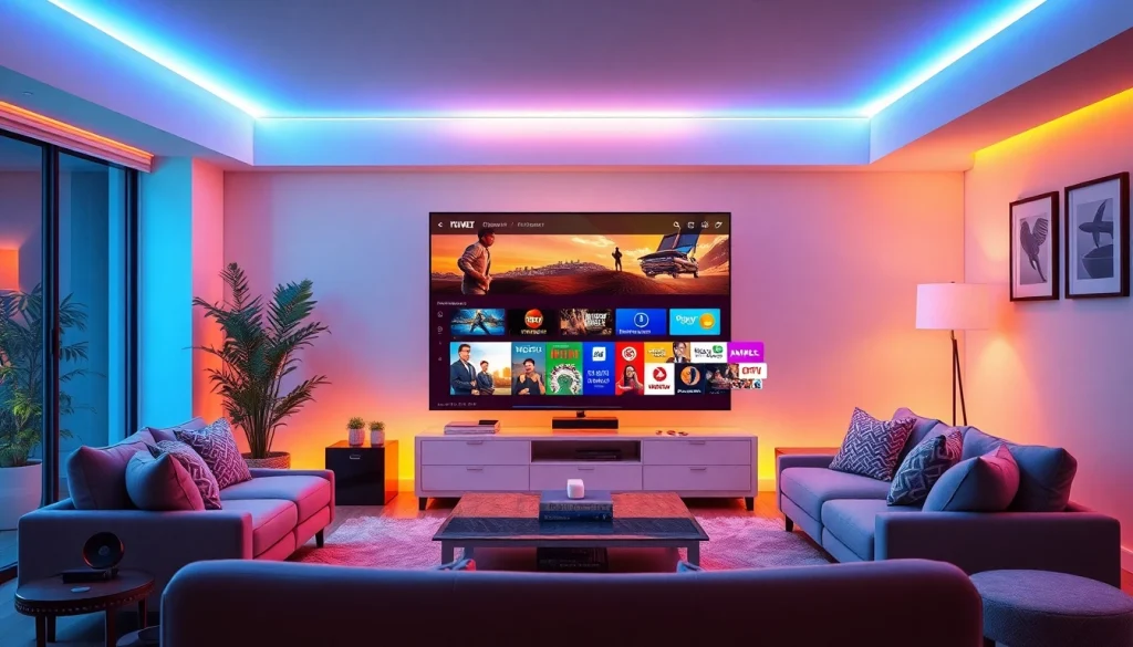 Discover a cozy living room setting featuring abonnement iptv on a large screen, showcasing diverse streaming options.