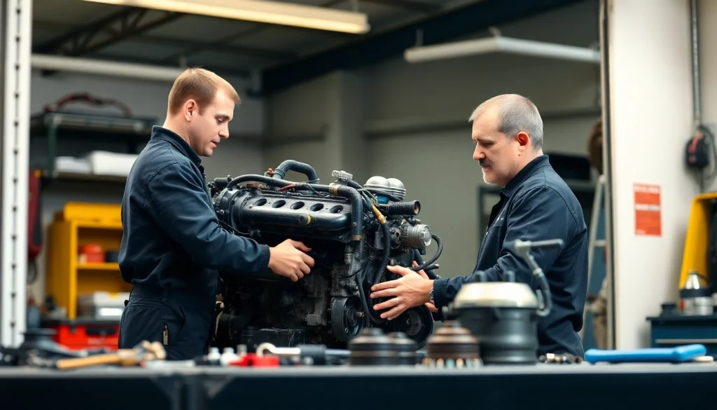 Experienced diesel mechanics near me working diligently on a diesel engine in a bright workshop setting.