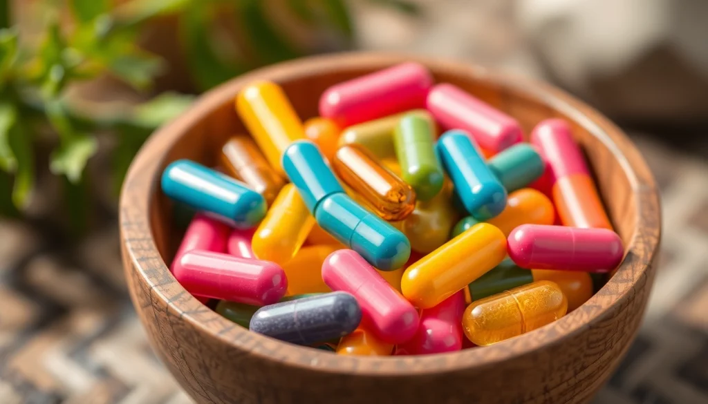 Showcasing dietary supplements in a wooden bowl, highlighting their vibrant colors and textures.