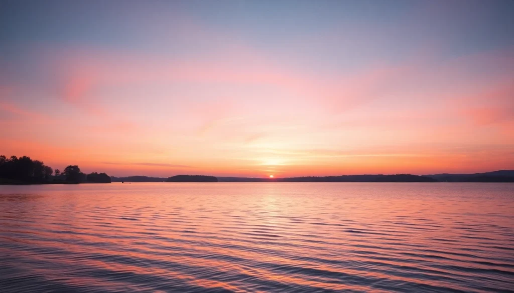 Here is a tranquil sunset over a calm lake, depicting serene colors and gentle water ripples.