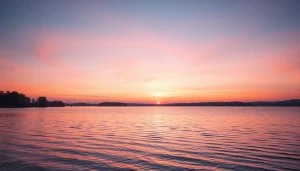 Here is a tranquil sunset over a calm lake, depicting serene colors and gentle water ripples.