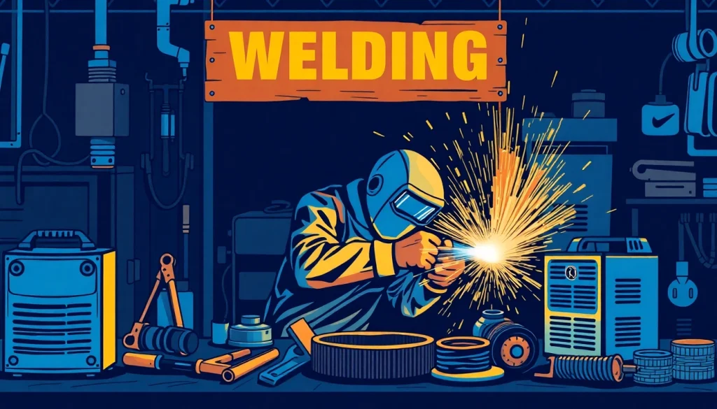 Welder using a variety of welding supplies including helmets and tools in a workshop.