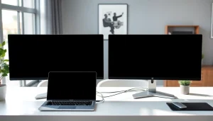 Visualize a dual monitor install setup with modern sleek designs and organized workspace.