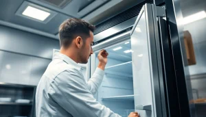 Expert technician performing walk in freezer repair in a modern commercial kitchen setting.