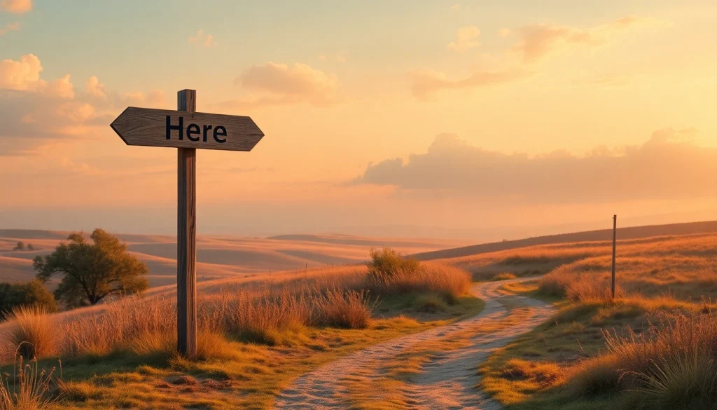 Discovering a signpost marked Here at a tranquil crossroads during sunset.