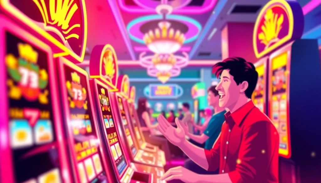 Engaging players enjoying slot bet kecil with vibrant slot machine visuals in a lively casino setting.