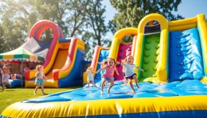 Children enjoying a fun slide rental at a vibrant outdoor party.