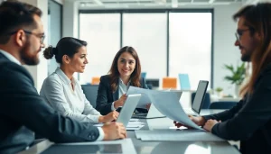 Professionals engaged in outsourcing strategy discussions around a table.