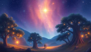 Families gather in an ancient grove under starlit sky showcasing warmth in the film Here.