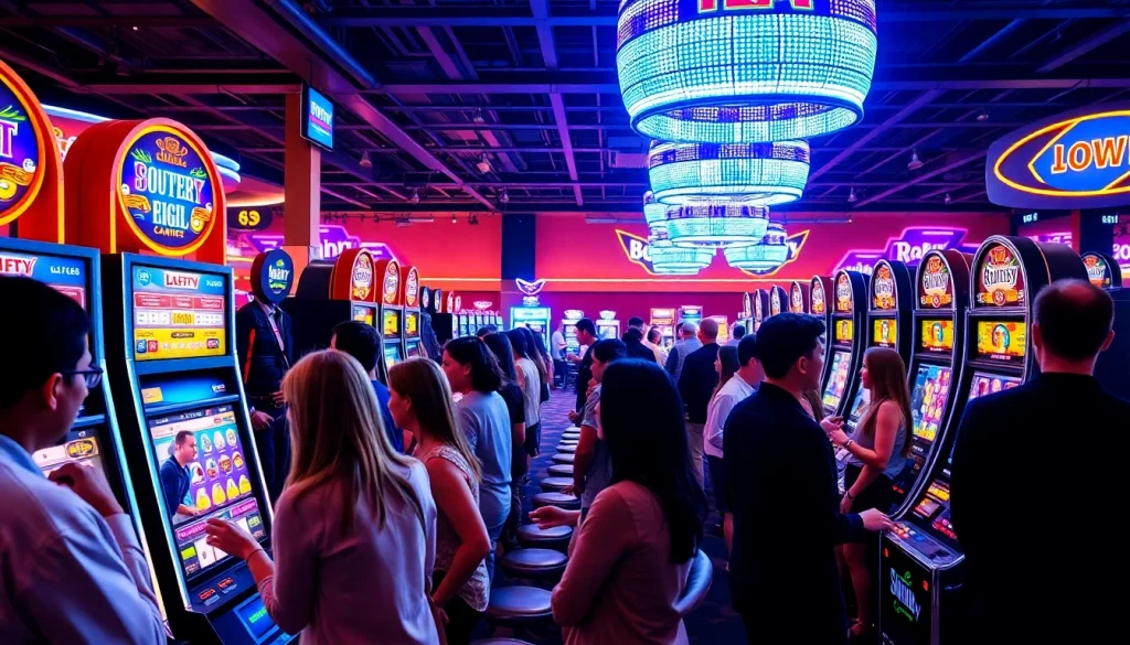 People enjoying a lively casino atmosphere with exciting slot machines in bright neon lights.