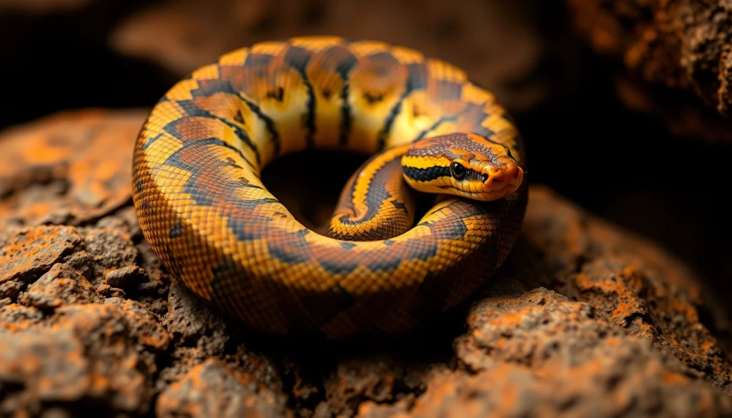 Captivating baby ball python resting on a rock, showcasing its beautiful scale patterns and vibrant colors.