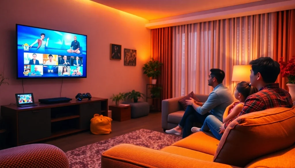 Experience seamless viewing with our free iptv trial featuring 16,000+ channels in a vibrant living room setting.