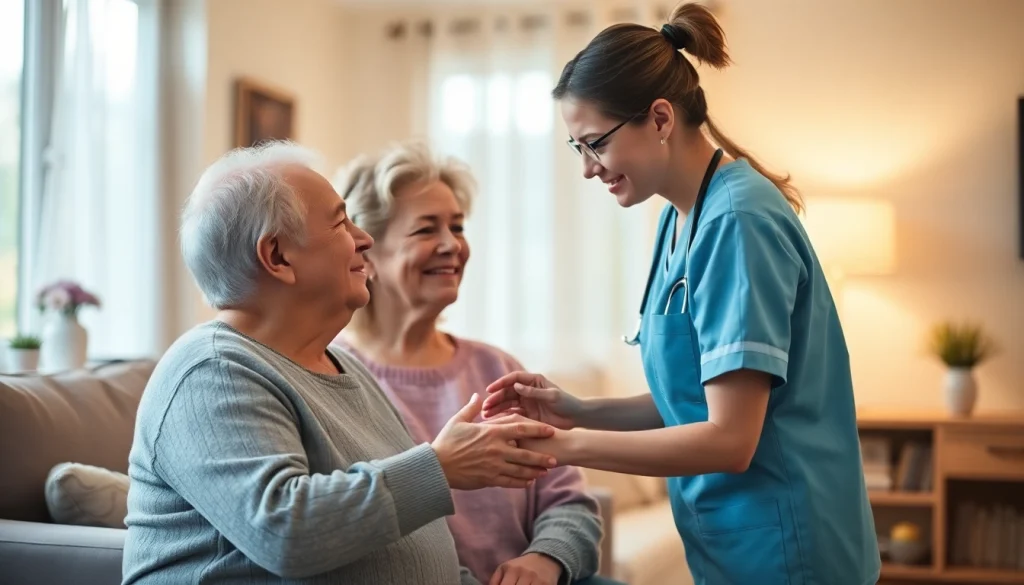 Highlighting the compassionate services of the Most trusted Homecare agency, a caregiver supports a senior in a warm home setting.