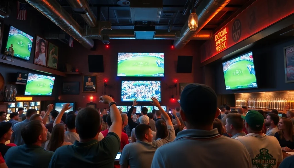 Fans enjoy 스포츠중계 at a lively sports bar, celebrating together while watching their favorite teams.