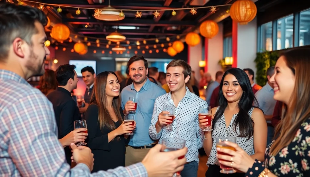 An vibrant after work party scene where colleagues enjoy drinks and socialize in a stylish venue, creating a lively atmosphere.