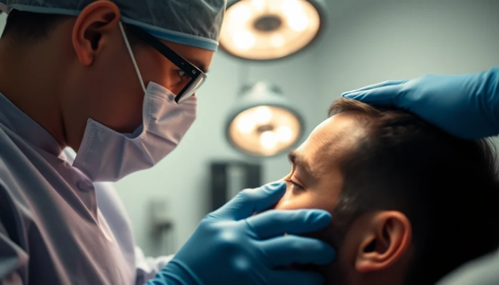 Hair transplant procedure demonstrating the careful technique of relocating hair follicles during surgery.