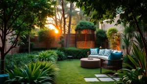 Enhance your outdoor space with our landscape design service featuring vibrant plants and elegant furniture.