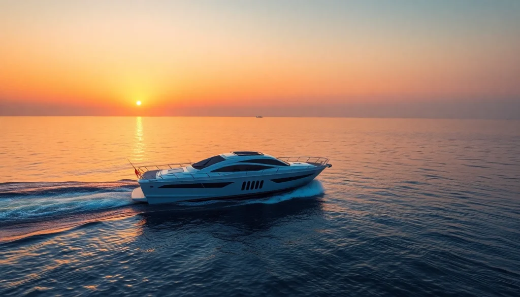 Experience the beauty of a cruising boat gracefully cutting through calm waters at sunset.