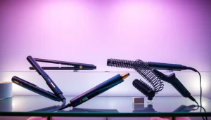 Showcase innovative hairstyles tools including a sleek hair straightener and unique curling wand.