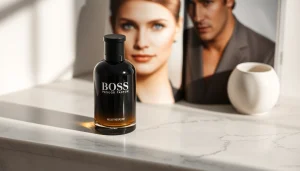 Elegant Hugo Boss Perfume bottle showcased on marble, exuding luxury and sophistication.