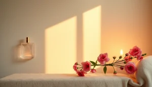 Inspirated by delicate floral elements, a modern perfume bottle emits a warm glow.