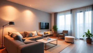 Showcase the best smart home gadgets in a stylish living room with warm lighting and modern design.