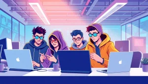 Hire a hacker: ethical hackers collaborating in a modern tech workspace with laptops and digital devices.