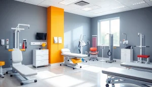 Showcase rehabilitation equipment supplier's diverse offerings in a bright therapy setting.