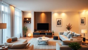 Showcase of the best smart home gadgets illuminating a modern living room, emphasizing smart living technology.