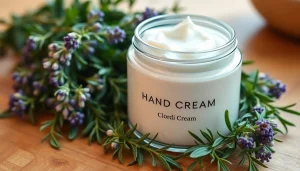 Moisturizing hand cream with a unique herbal blend sparkles on a wooden surface.