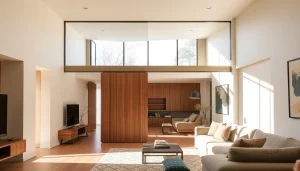 Sliding partition wall creating a stylish division in a contemporary living space.