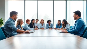 Werbeagentur Pflege team brainstorming in a professional office setting to enhance visibility.