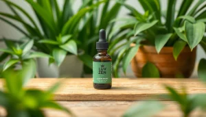 LUV Zen Drops bottle set amidst tranquil greenery, promoting relaxation and stress relief.