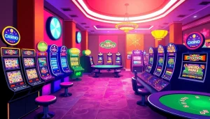 Play vibrant casino games free with engaging slot machines and card tables in a lively gaming environment.