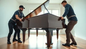 Piano movers expertly transporting a grand piano in a bright room, showcasing professional care.