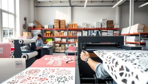 Operator performing precision die cutting with advanced machinery in a vibrant workshop.