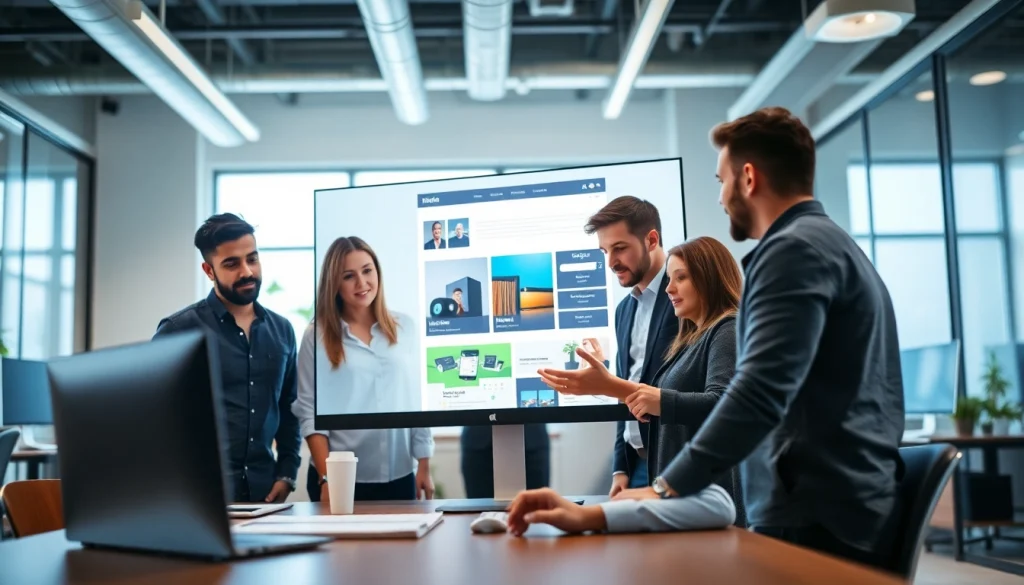 Collaborating team in Edmonton web design, showcasing creativity and technology in a modern office.