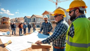 Austin construction professionals collaborating on a residential building project with blueprints.