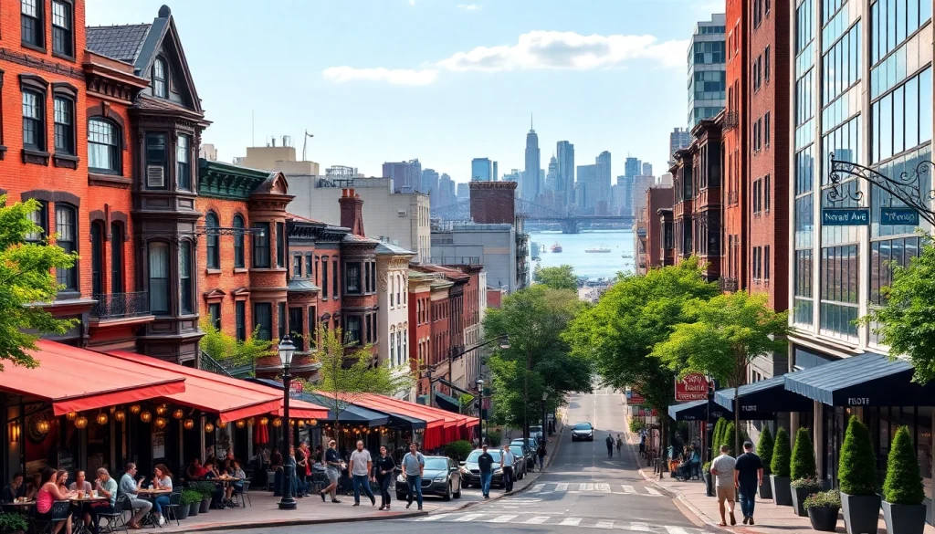 Vibrant outdoor cafes filled with locals in Downtown Jersey City near the Hudson River waterfront.