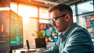 Showcasing AI design solutions in a vibrant, modern office setting with a focused designer.